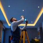 A photograph of a skilled lighting contractor installing sleek