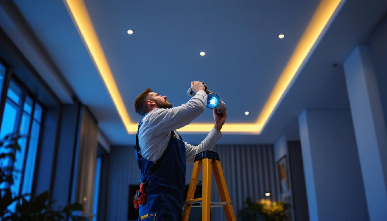 A photograph of a skilled lighting contractor installing sleek