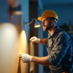 A photograph of a skilled lighting contractor installing modern led fixtures in a stylish home setting