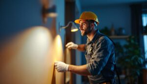 A photograph of a skilled lighting contractor installing modern led fixtures in a stylish home setting