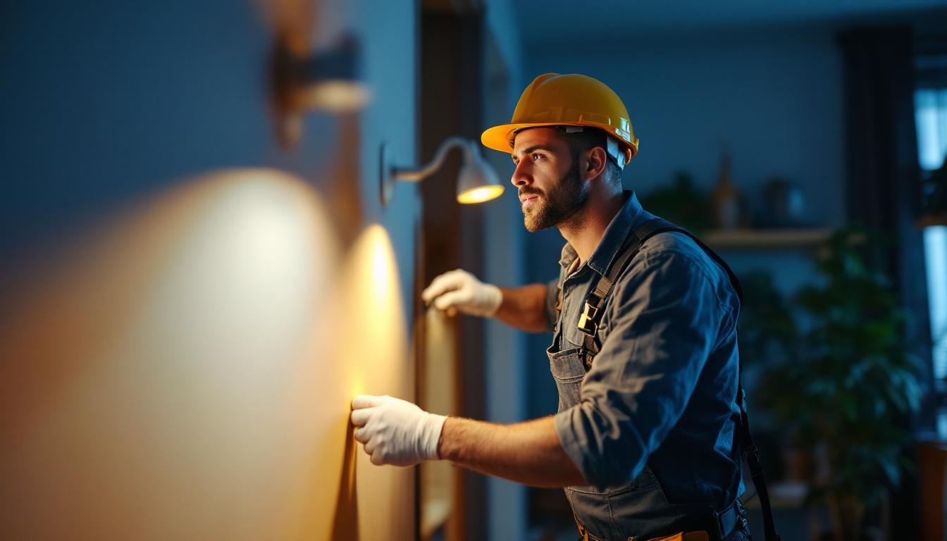 A photograph of a skilled lighting contractor installing modern led fixtures in a stylish home setting