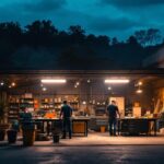A photograph of a well-lit outdoor shop setting at dusk