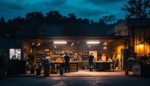 A photograph of a well-lit outdoor shop setting at dusk