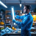 A photograph of a well-lit workspace showcasing a professional installing 4-foot fluorescent tubes