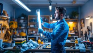 A photograph of a well-lit workspace showcasing a professional installing 4-foot fluorescent tubes
