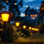 A photograph of a lighting contractor installing vibrant orange solar lights in a residential outdoor setting