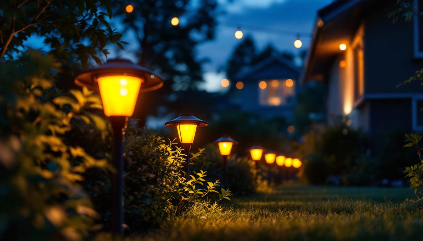 A photograph of a lighting contractor installing vibrant orange solar lights in a residential outdoor setting