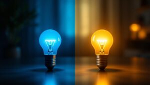A photograph of a side-by-side comparison of two light bulbs