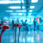 A photograph of a lighting contractor working in a hospital setting