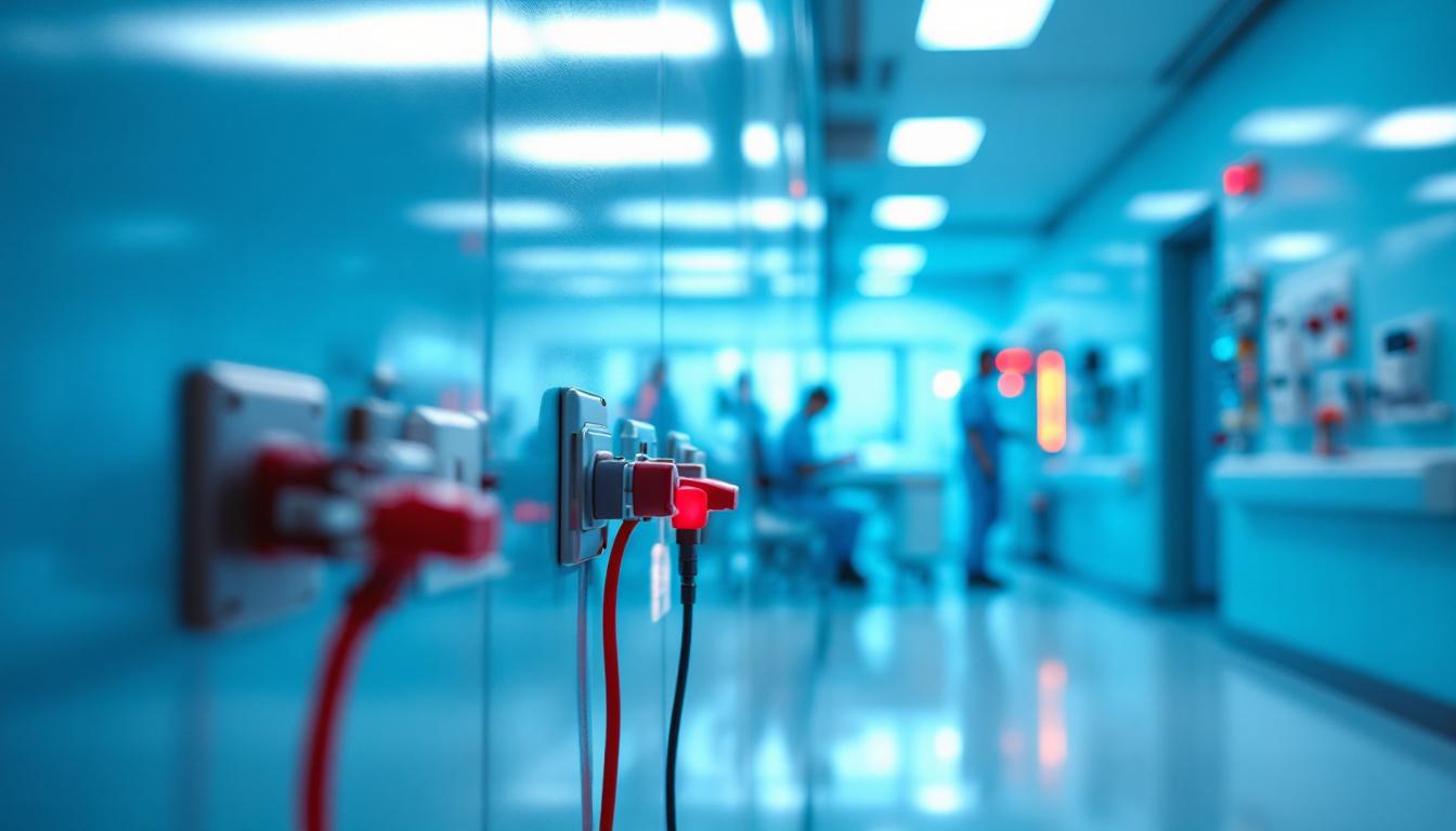 A photograph of a lighting contractor working in a hospital setting