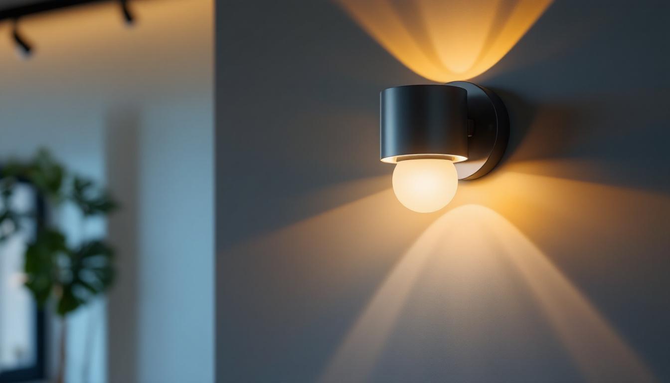 A photograph of a stylish commercial wall sconce illuminating a modern interior space