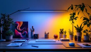 A photograph of a beautifully lit workspace featuring a 2 ft led light in action