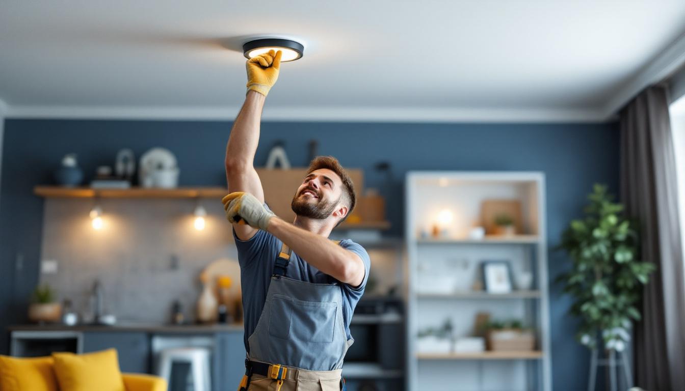 A photograph of a skilled lighting contractor installing recessed ceiling lights in a modern home setting