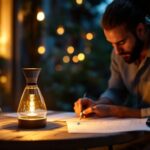 A photograph of a stylish table solar lamp illuminated at dusk