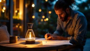 A photograph of a stylish table solar lamp illuminated at dusk