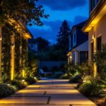 A photograph of a beautifully illuminated outdoor space featuring motion sensor lights in action