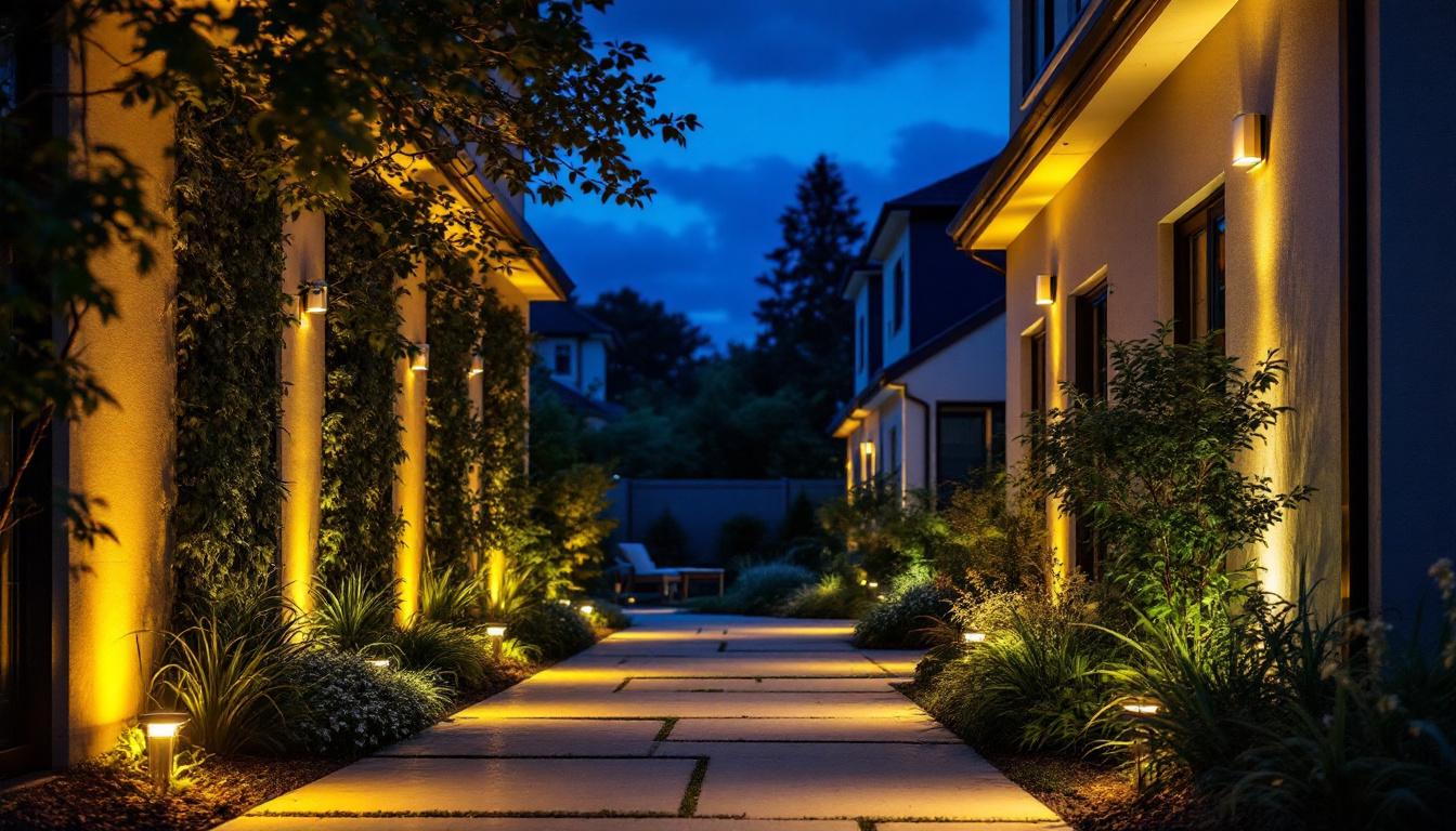 A photograph of a beautifully illuminated outdoor space featuring motion sensor lights in action