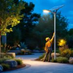 A photograph of a solar-powered pole light illuminating a beautifully landscaped outdoor space at dusk