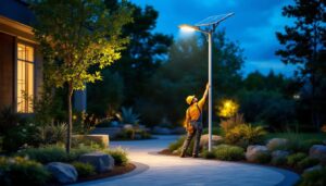A photograph of a solar-powered pole light illuminating a beautifully landscaped outdoor space at dusk