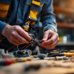 A photograph of a lighting contractor skillfully connecting wires with various types of wire connectors in a well-lit workspace