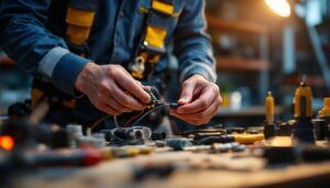 A photograph of a lighting contractor skillfully connecting wires with various types of wire connectors in a well-lit workspace