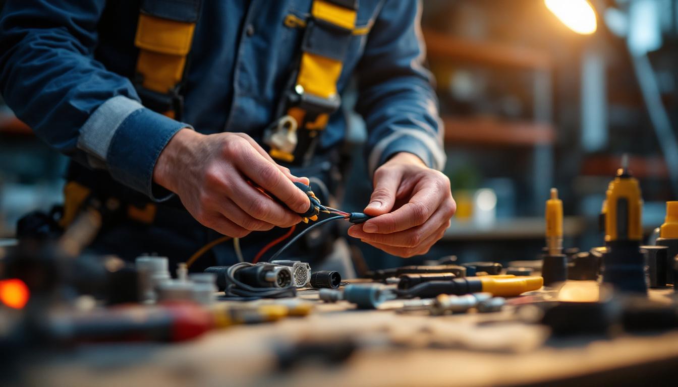 A photograph of a lighting contractor skillfully connecting wires with various types of wire connectors in a well-lit workspace