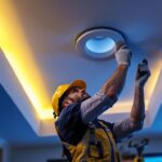 A photograph of a lighting contractor installing an 8-inch recessed led retrofit in a modern ceiling