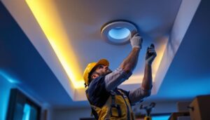 A photograph of a lighting contractor installing an 8-inch recessed led retrofit in a modern ceiling