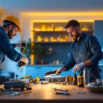 A photograph of a skilled lighting contractor installing retrofit led can lights in a modern home setting