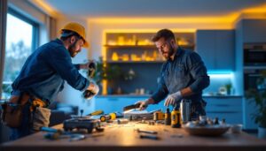 A photograph of a skilled lighting contractor installing retrofit led can lights in a modern home setting