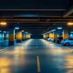 A photograph of a well-lit parking deck showcasing the importance of effective lighting