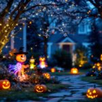 A photograph of a well-lit outdoor scene featuring solar-powered halloween decorations