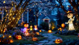 A photograph of a well-lit outdoor scene featuring solar-powered halloween decorations