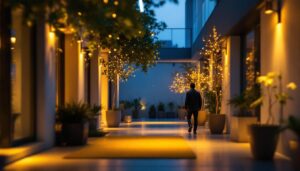 A photograph of a beautifully lit indoor or outdoor space showcasing motion-activated lighting in action