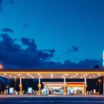 A photograph of a brightly lit gas station at dusk