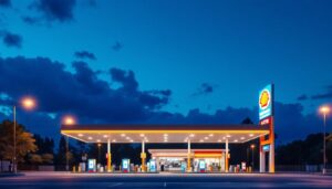 A photograph of a brightly lit gas station at dusk