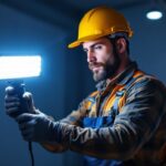 A photograph of a skilled lighting contractor demonstrating the use of a handheld led light in a dynamic setting