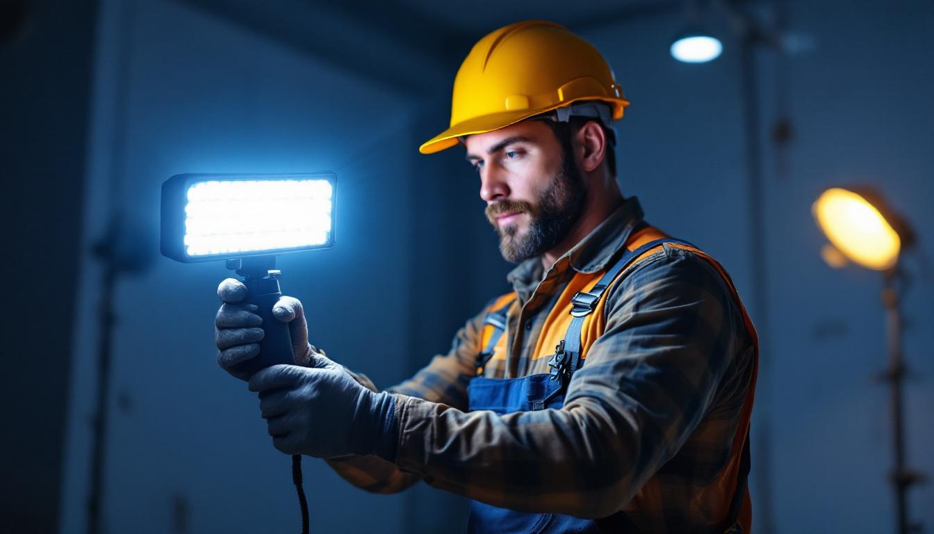 A photograph of a skilled lighting contractor demonstrating the use of a handheld led light in a dynamic setting