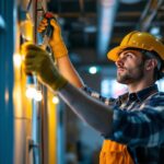 A photograph of a skilled lighting contractor at work
