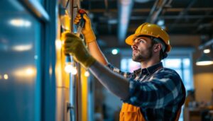 A photograph of a skilled lighting contractor at work