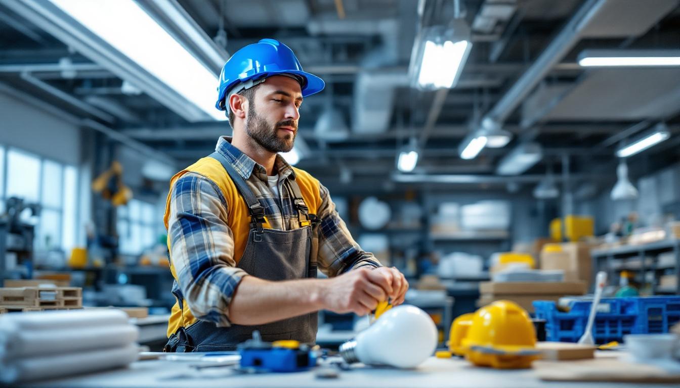 A photograph of a lighting contractor efficiently installing f25t8 bulbs in a commercial setting