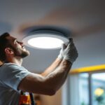 A photograph of a skilled lighting contractor installing led retrofit recessed lights in a modern home setting