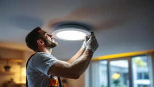 A photograph of a skilled lighting contractor installing led retrofit recessed lights in a modern home setting