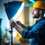 A photograph of a lighting contractor skillfully installing studio led lights in a modern workspace