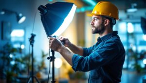 A photograph of a lighting contractor skillfully installing studio led lights in a modern workspace