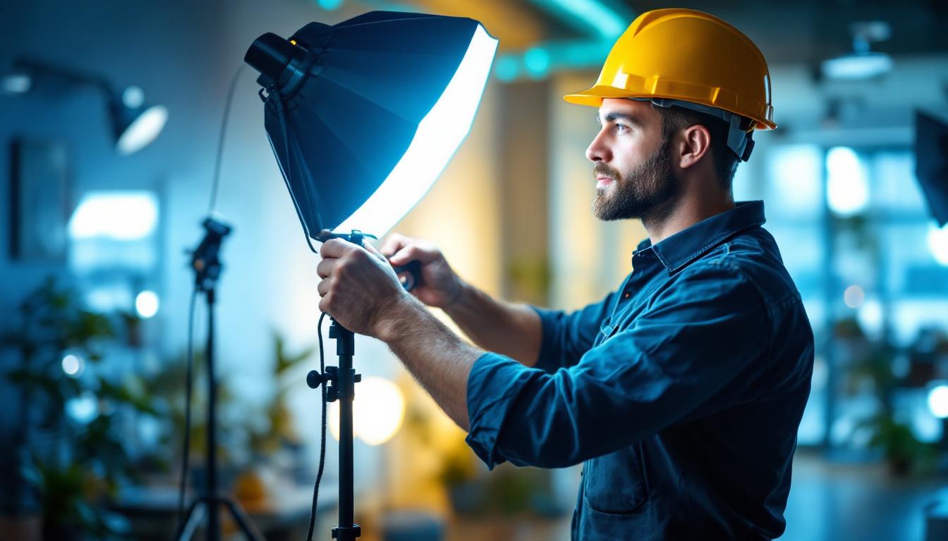 A photograph of a lighting contractor skillfully installing studio led lights in a modern workspace