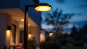 A photograph of a modern outdoor lighting setup at dusk