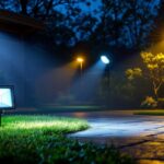 A photograph of a well-lit outdoor scene showcasing various led flood lights in action
