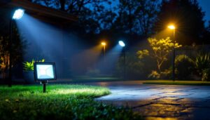 A photograph of a well-lit outdoor scene showcasing various led flood lights in action