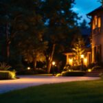A photograph of a beautifully illuminated driveway featuring elegant lighting posts at dusk
